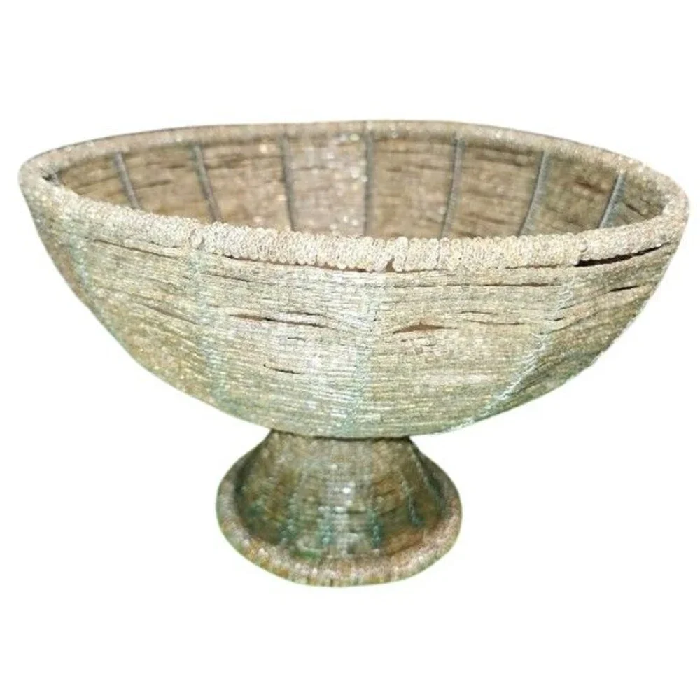 BC Decorative Amber/Silver Seed Bead Pedestal Wire Basket Bowl 7